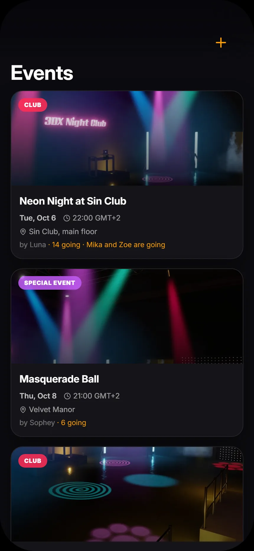 3DX Phone Events app listing 3DXChat club nights in your time zone
