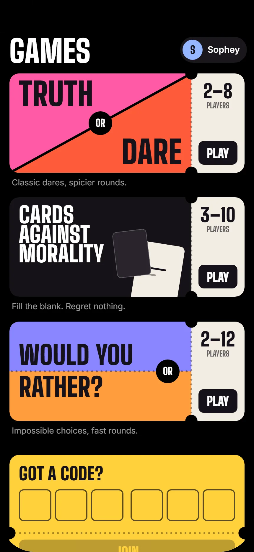 3DX Phone Games app with Truth or Dare, Cards Against Morality and Would You Rather