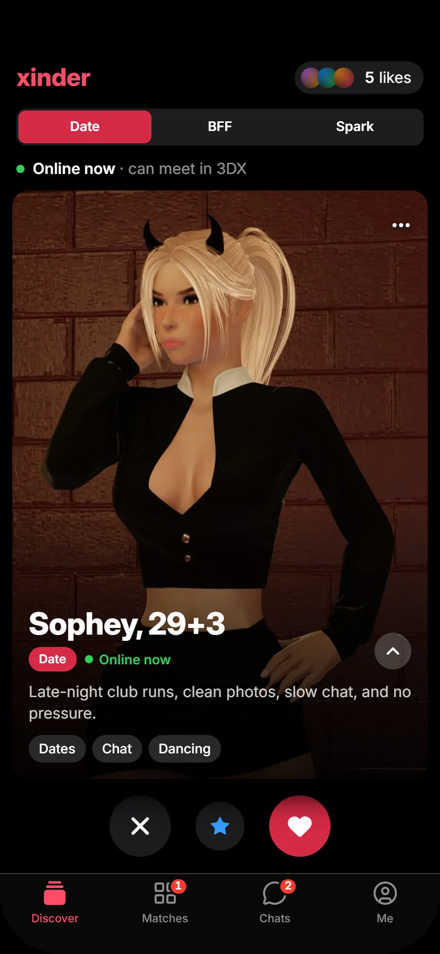 3DX Phone Xinder app showing an avatar profile card to swipe