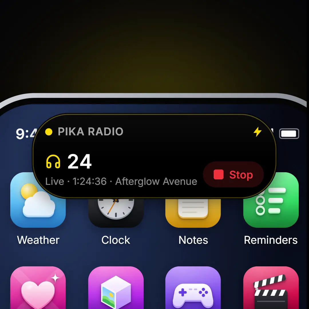 Close-up of the 3DX Phone Dynamic Island showing a live Pika Radio show with 24 listeners and a Stop button