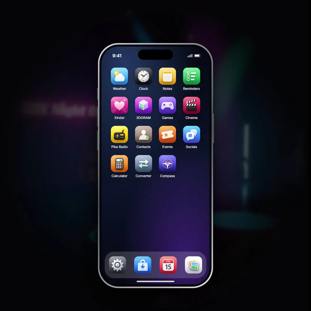3DX Phone home screen with Weather, Xinder, 3DGRAM, Games, Pika Radio, Events and more apps, over a blurred 3DXChat night club